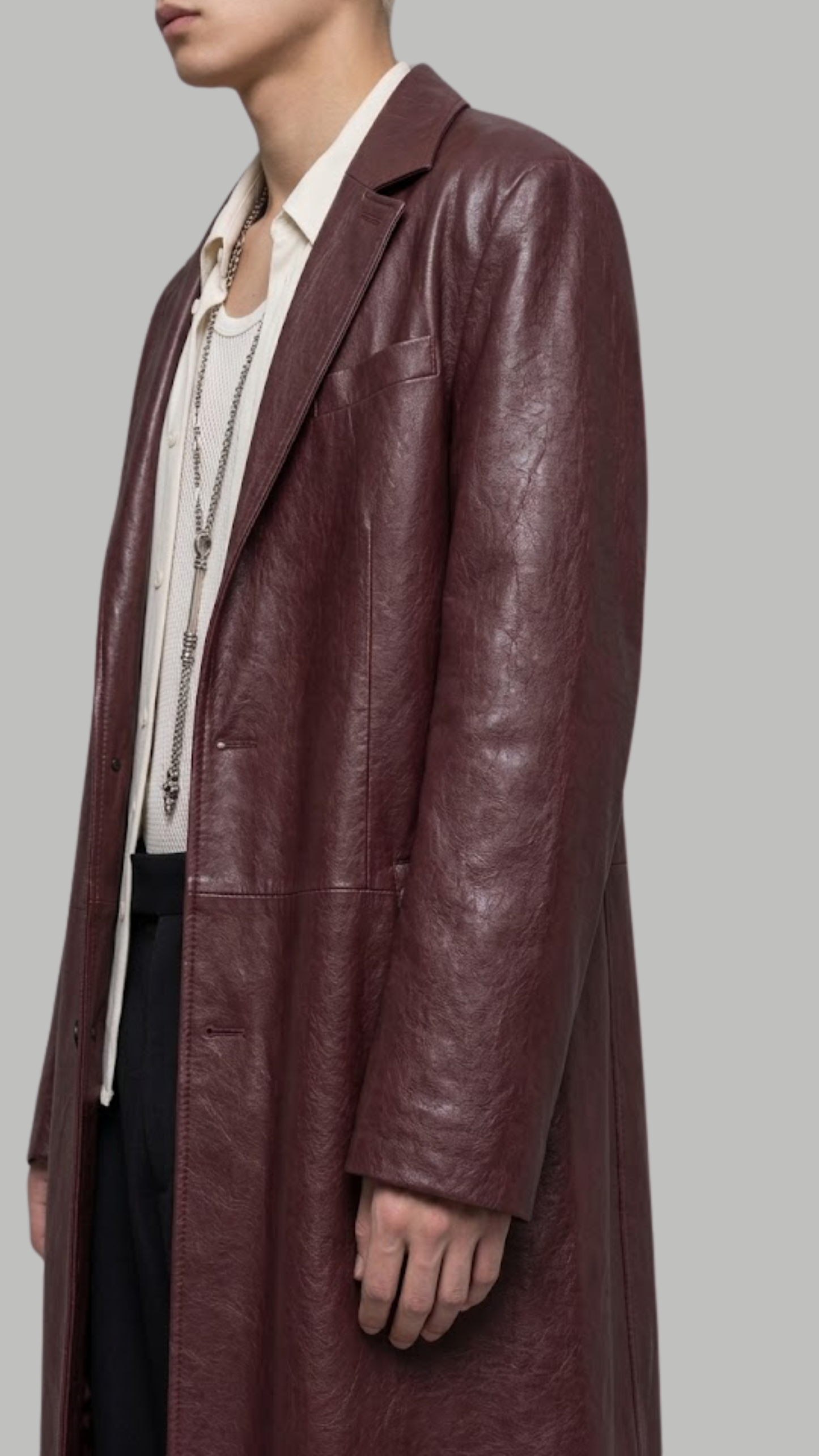 DARK RED VINE LONG LEATHER COAT