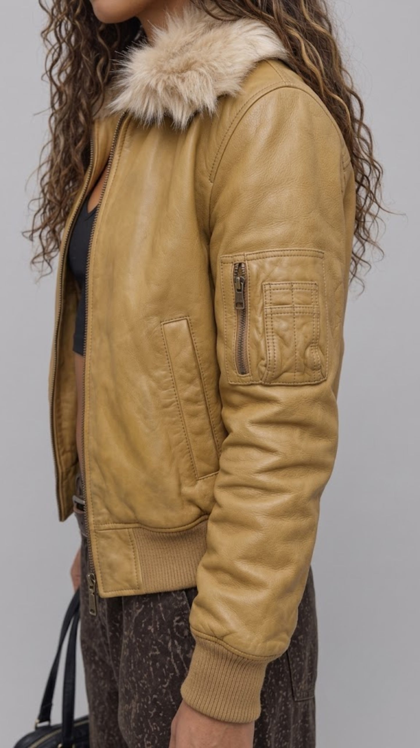 DARK MUSTARD LEATHER JACKET WITH FUR