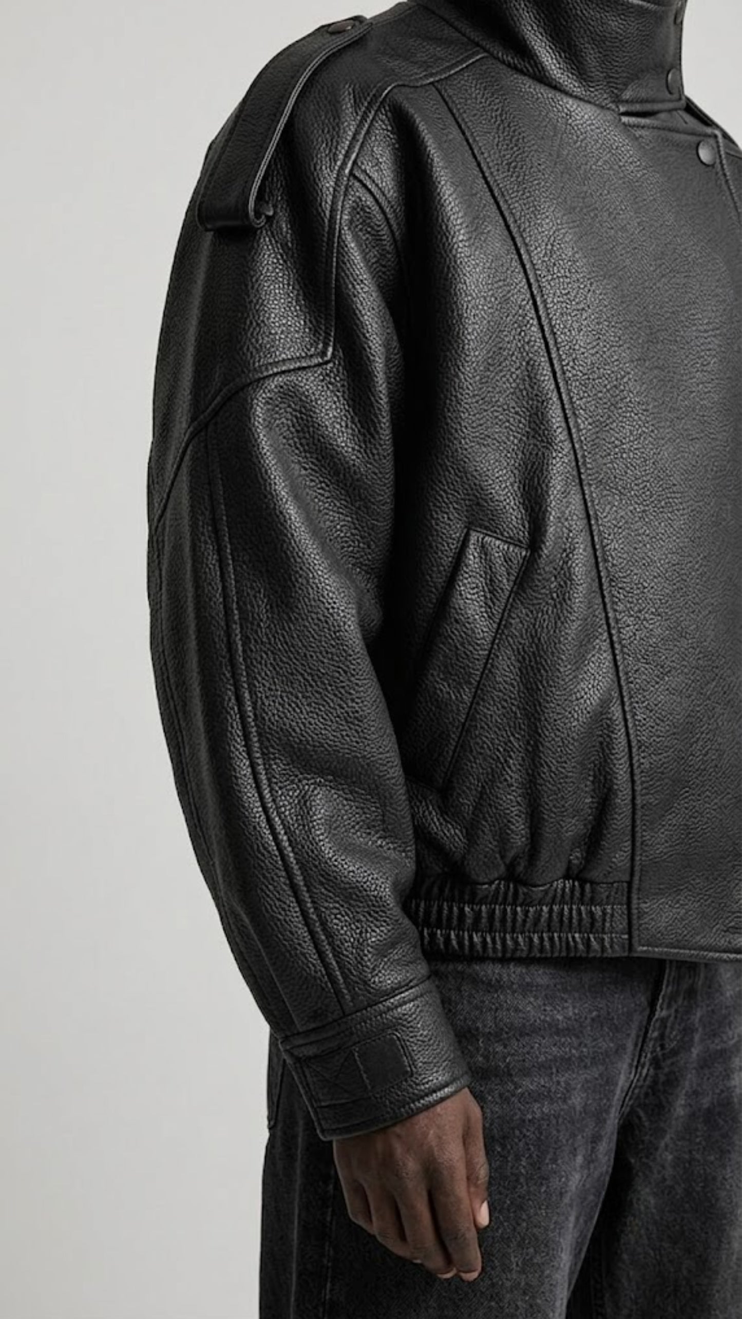 BLACK WRAP-AROUND HIGH NECK LEATHER OVERSIZED JACKET