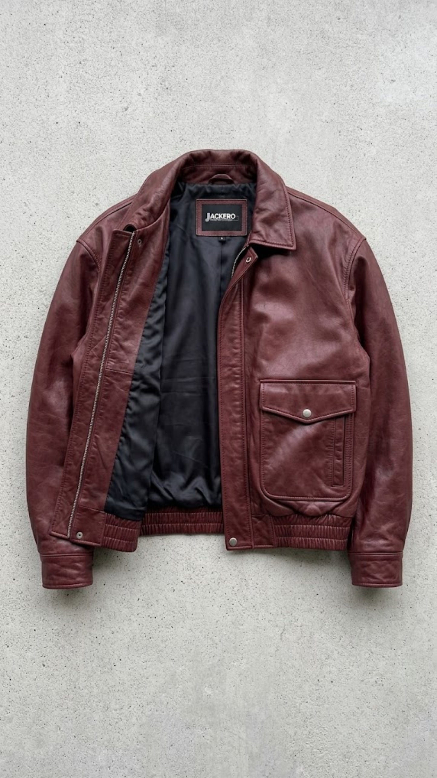 DARK RED LEATHER OVERSIZED BOMBER JACKET