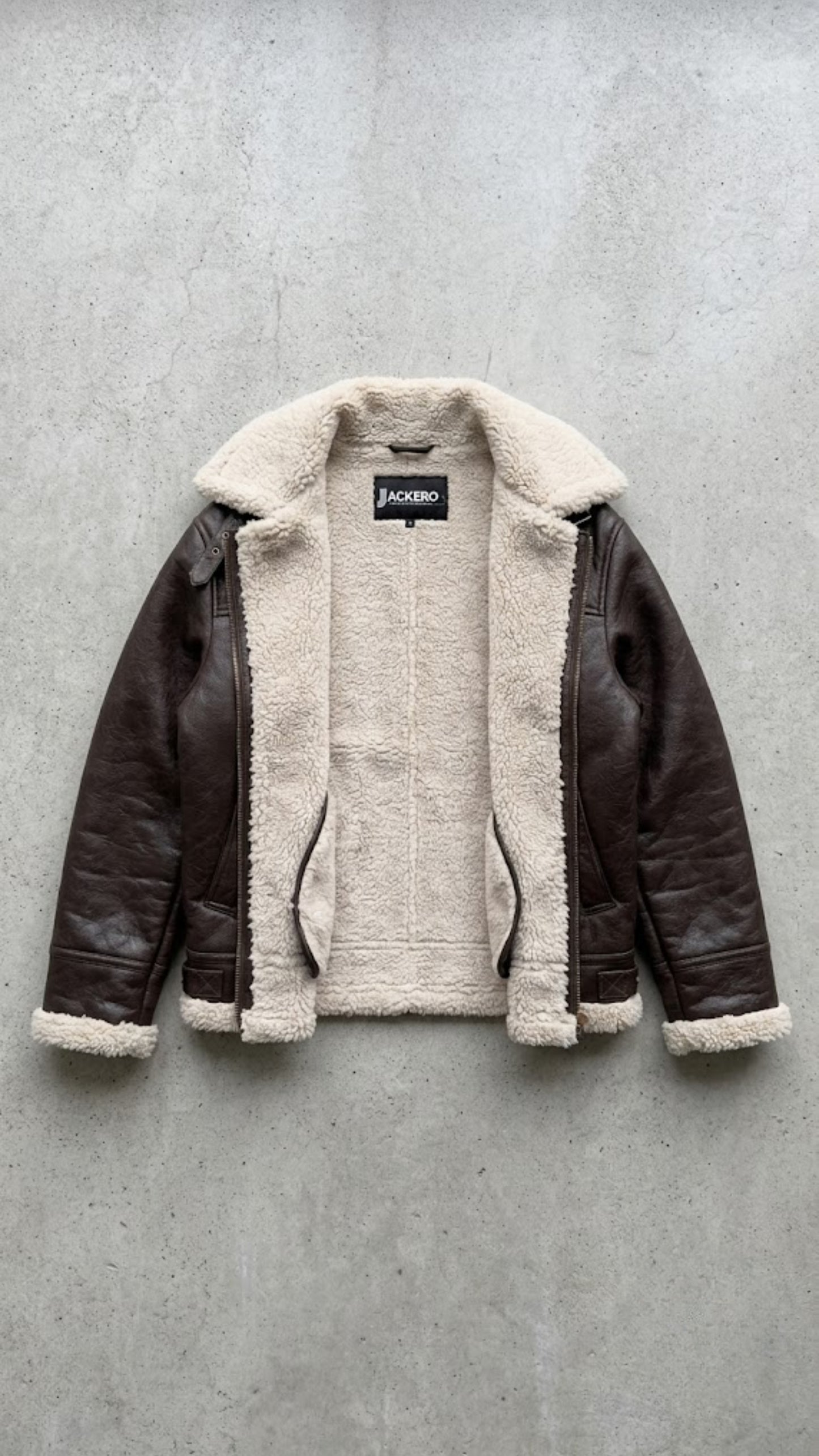 DARK CHOCOLATE BROWN LEATHER BAGGY OVERSIZED JACKET WITH SHEARLING