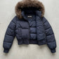 DARK NAVY PUFFER HIGH-WAIST CROPPED JACKET WITH FUR HOOD
