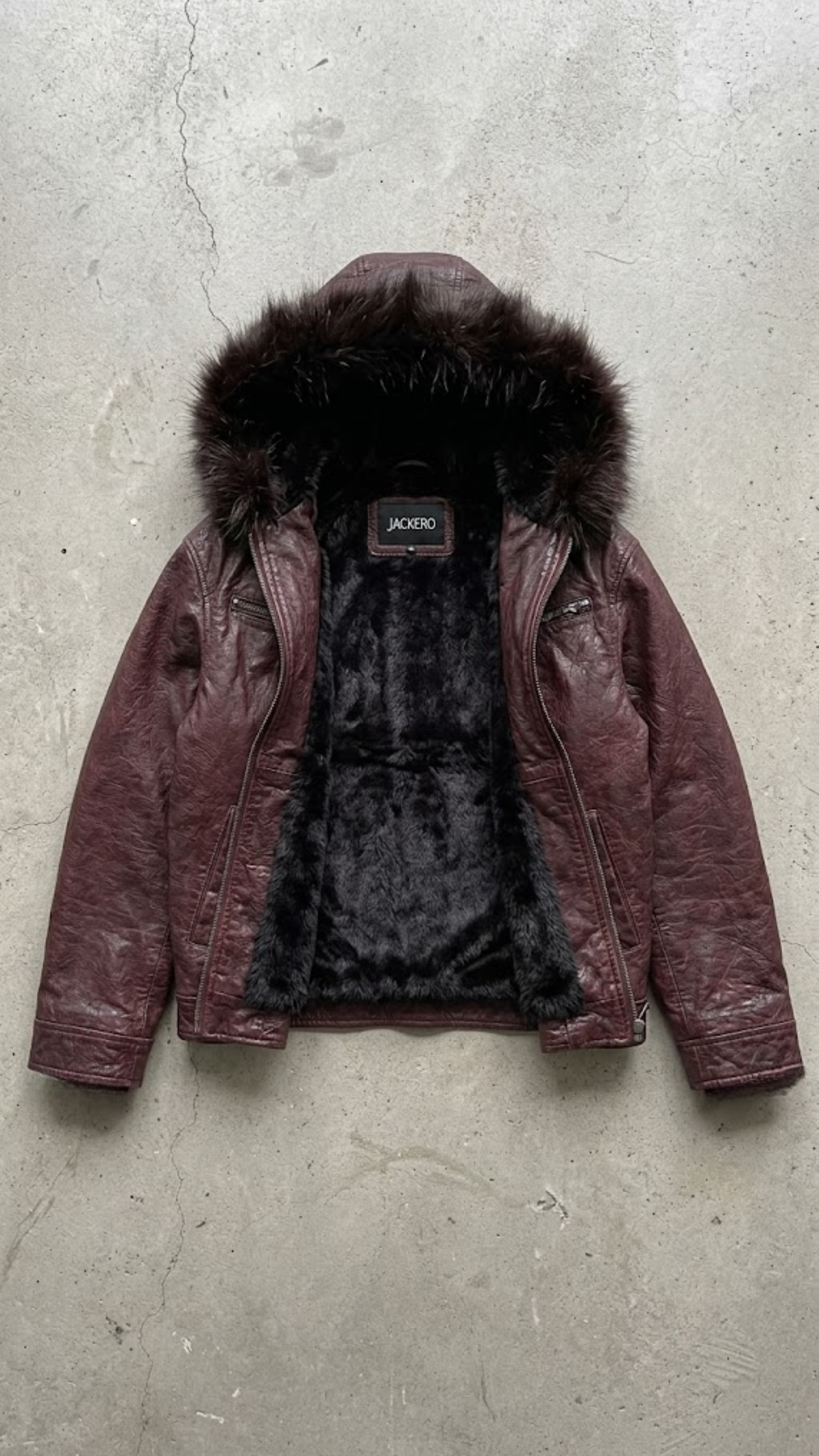 DARK RED VINE LEATHER BAGGY OVERSIZED JACKET WITH BLACK FUR