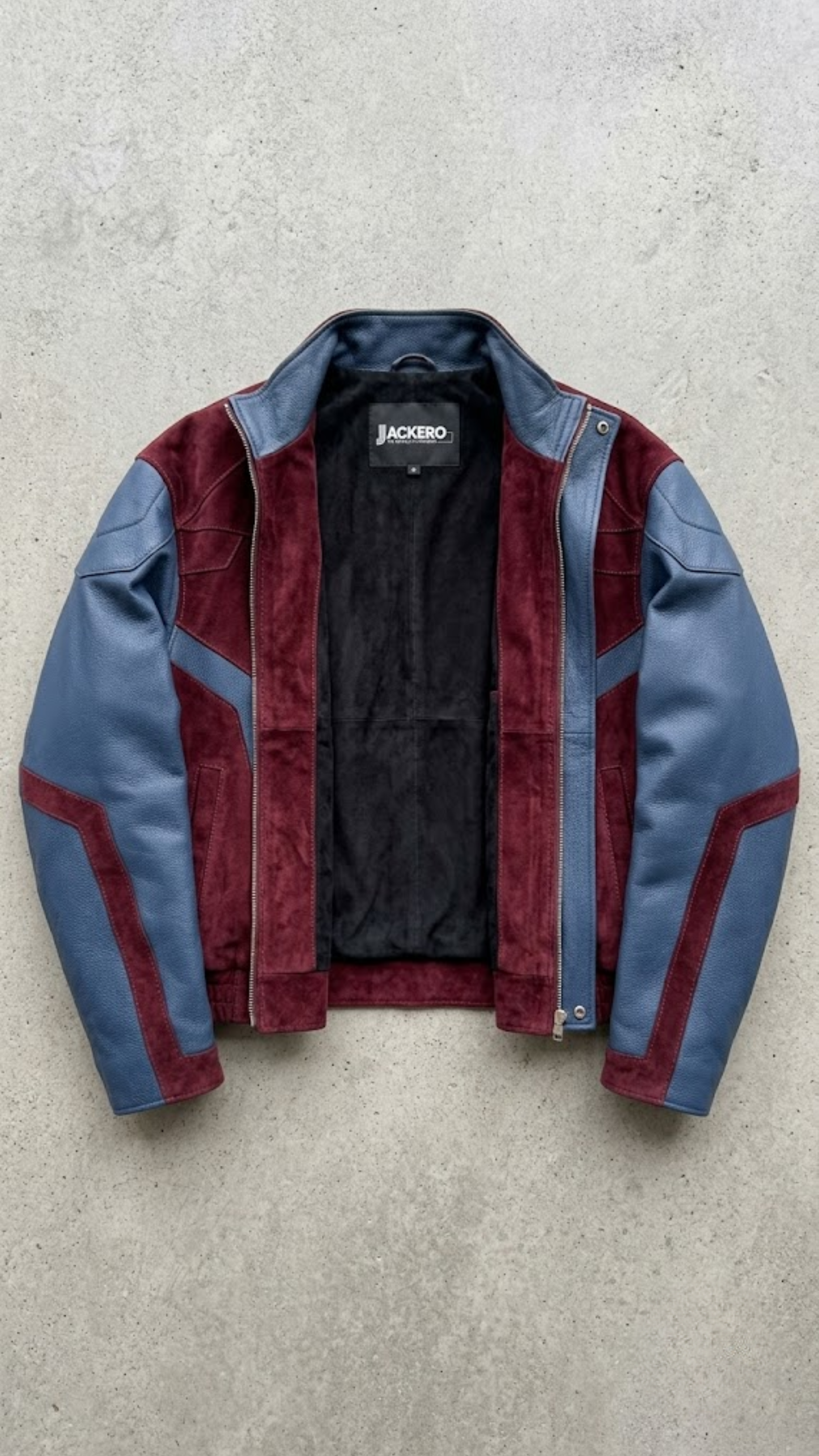 DARK RED SUEDE AND DARK BLUE LEATHER OVERSIZED JACKET