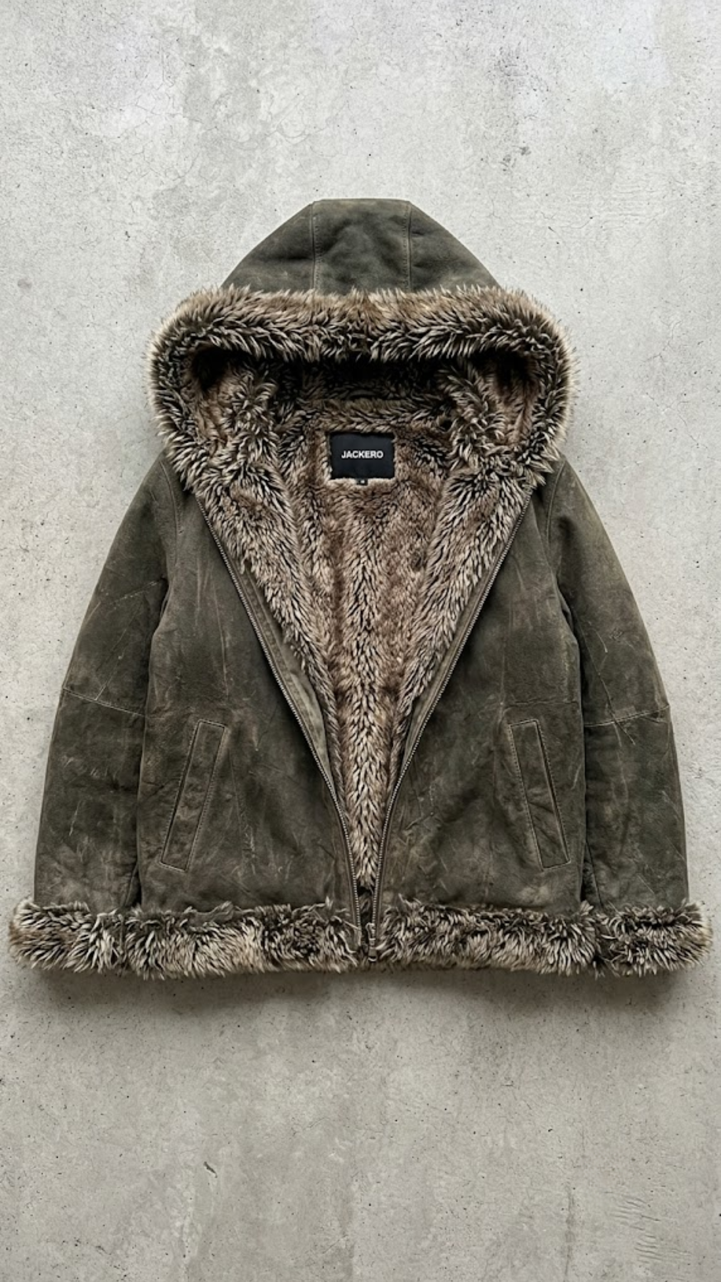 DARKEST OLIVE SUEDE BAGGY OVERSIZED VINTAGE YK2 JACKET WITH FUR
