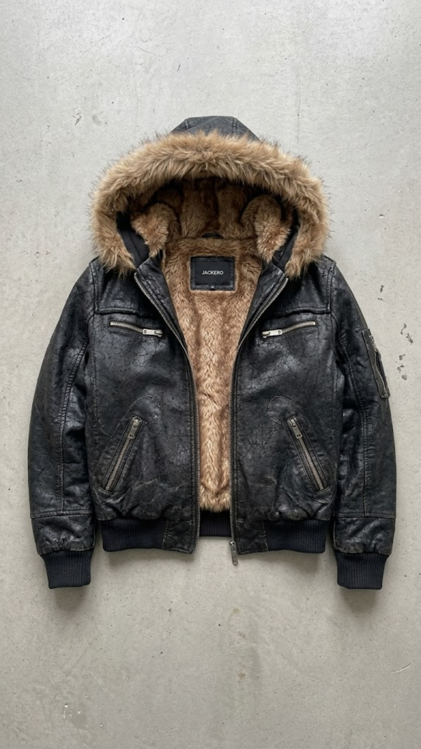 DARK BLACK LEATHER BAGGY OVERSIZED Y2K JACKET WITH BROWN FUR