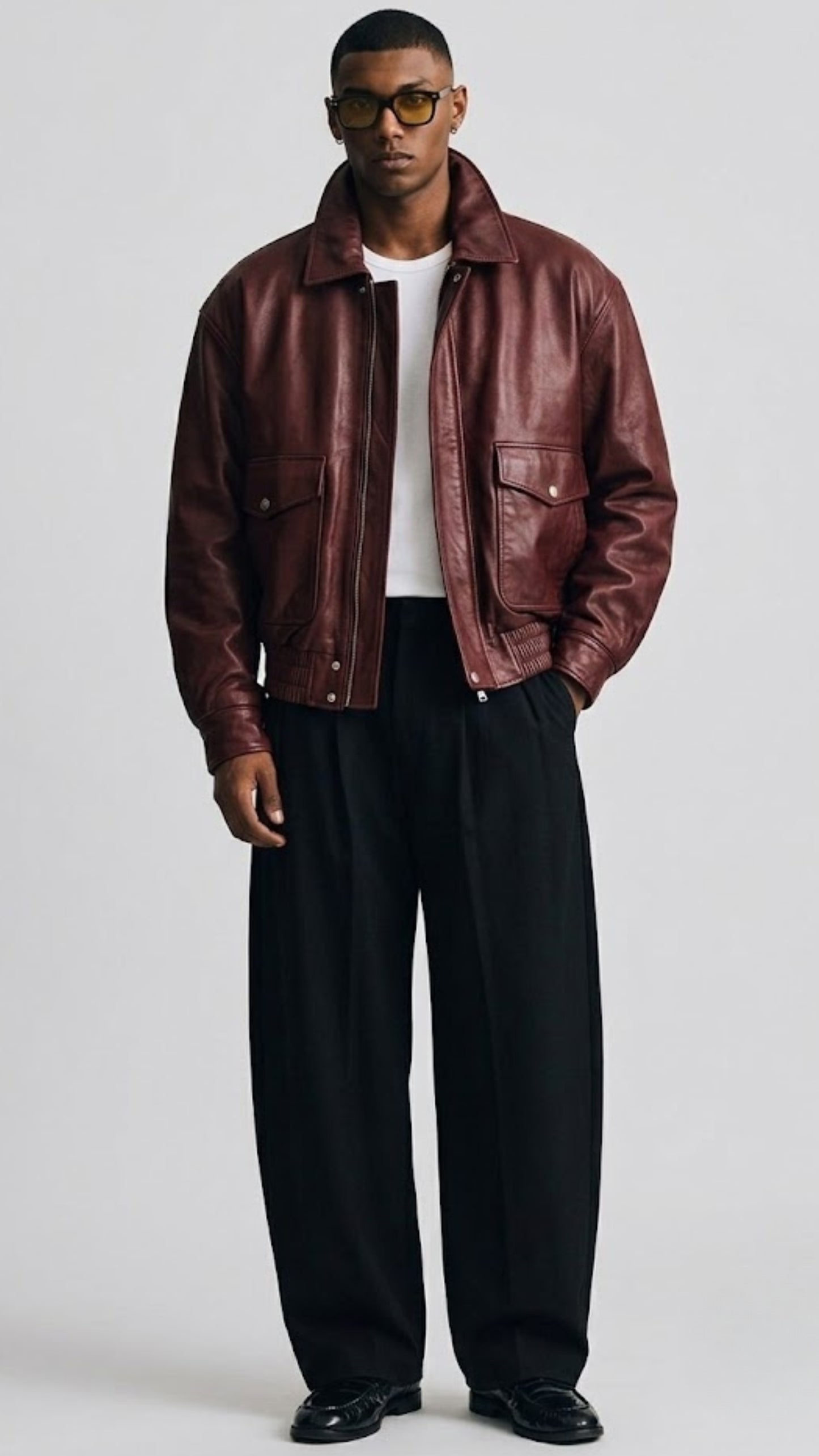 DARK RED LEATHER OVERSIZED BOMBER JACKET
