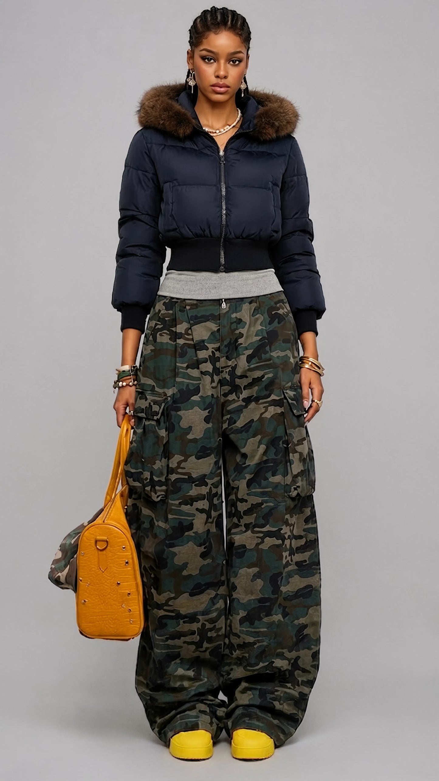DARK NAVY PUFFER HIGH-WAIST CROPPED JACKET WITH FUR HOOD