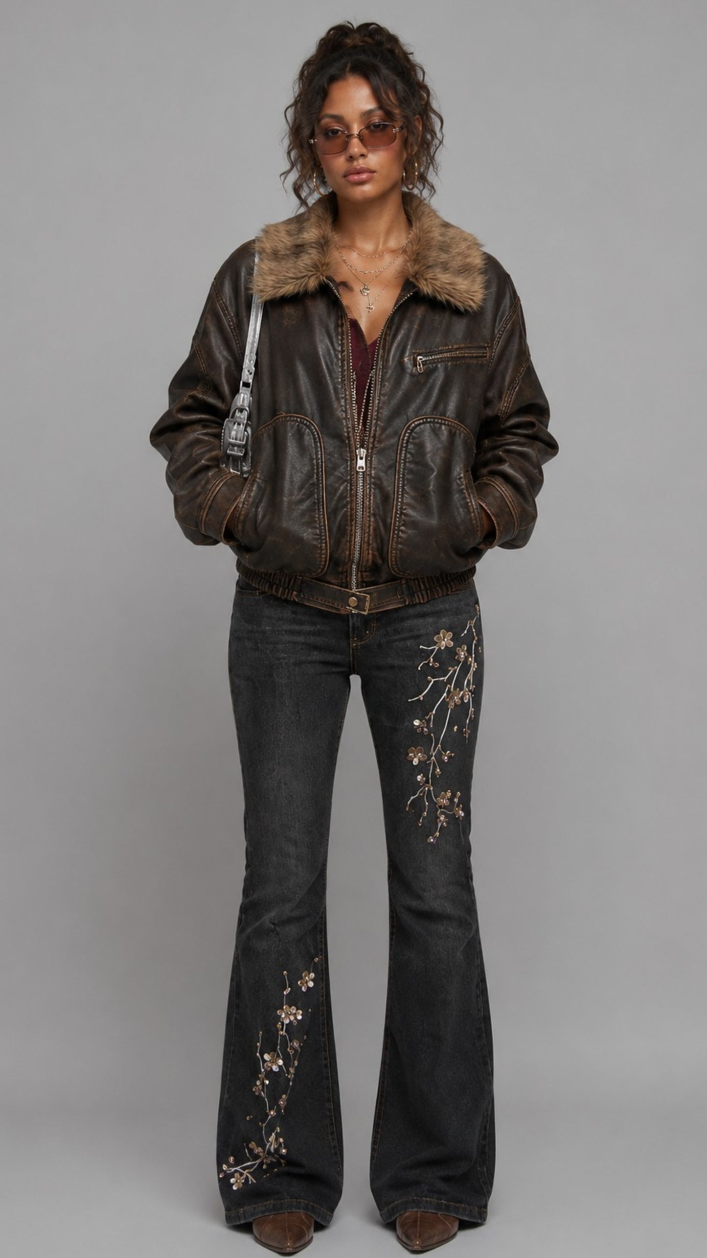 DARK BROWN DISTRESSED LEATHER BAGGY OVERSIZED JACKET WITH FUR