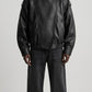 BLACK WRAP-AROUND HIGH NECK LEATHER OVERSIZED JACKET