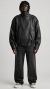 BLACK WRAP-AROUND HIGH NECK LEATHER OVERSIZED JACKET