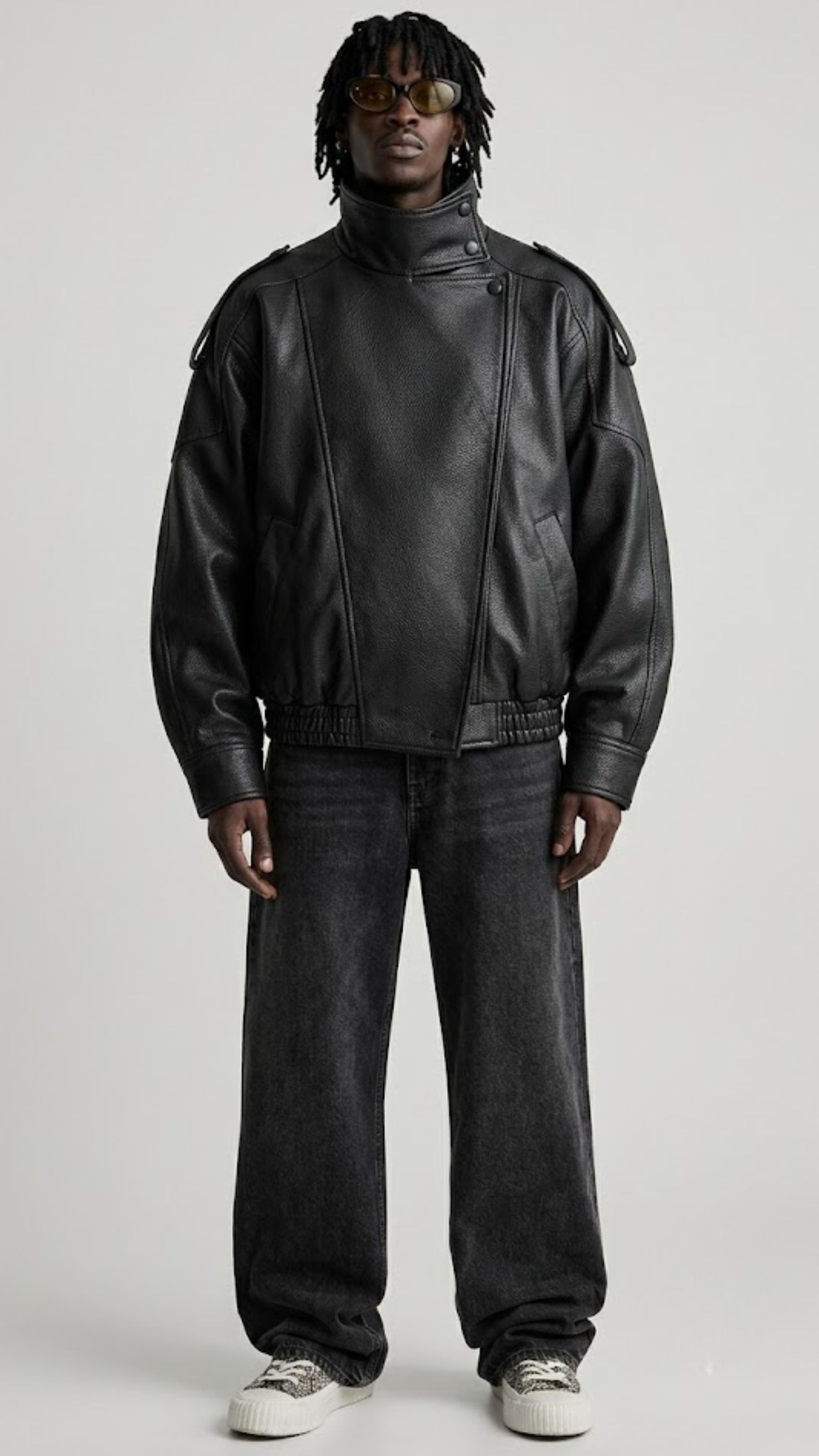 BLACK WRAP-AROUND HIGH NECK LEATHER OVERSIZED JACKET
