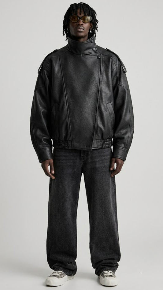 BLACK WRAP-AROUND HIGH NECK LEATHER OVERSIZED JACKET