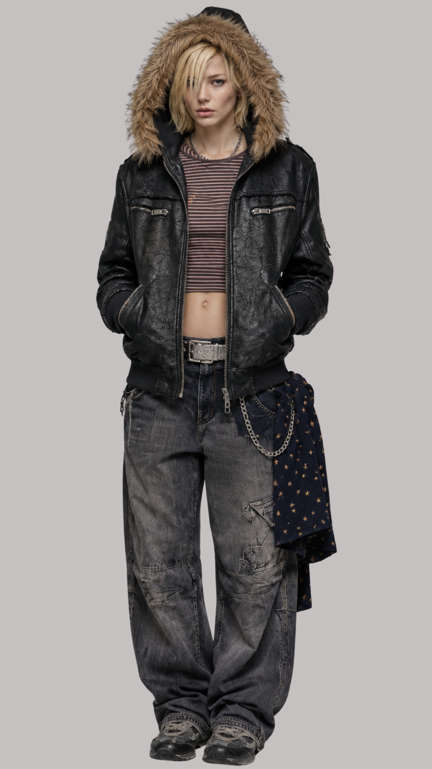 DARK BLACK LEATHER BAGGY OVERSIZED Y2K JACKET WITH BROWN FUR