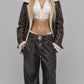 DARK CHOCOLATE BROWN LEATHER BAGGY OVERSIZED JACKET WITH SHEARLING