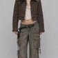 DARK KHAKI DENIM YK2 JACKET WITH FUR COLLAR