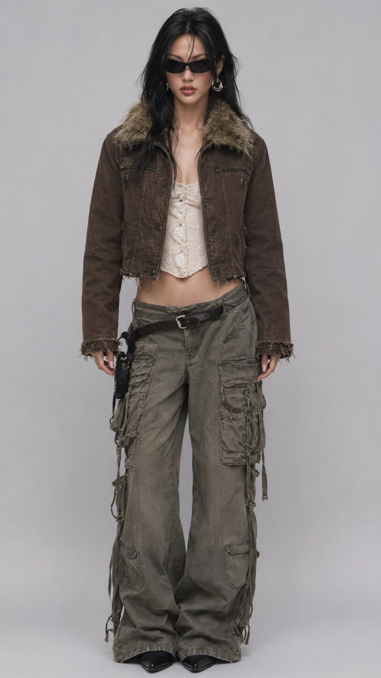 DARK KHAKI DENIM YK2 JACKET WITH FUR COLLAR