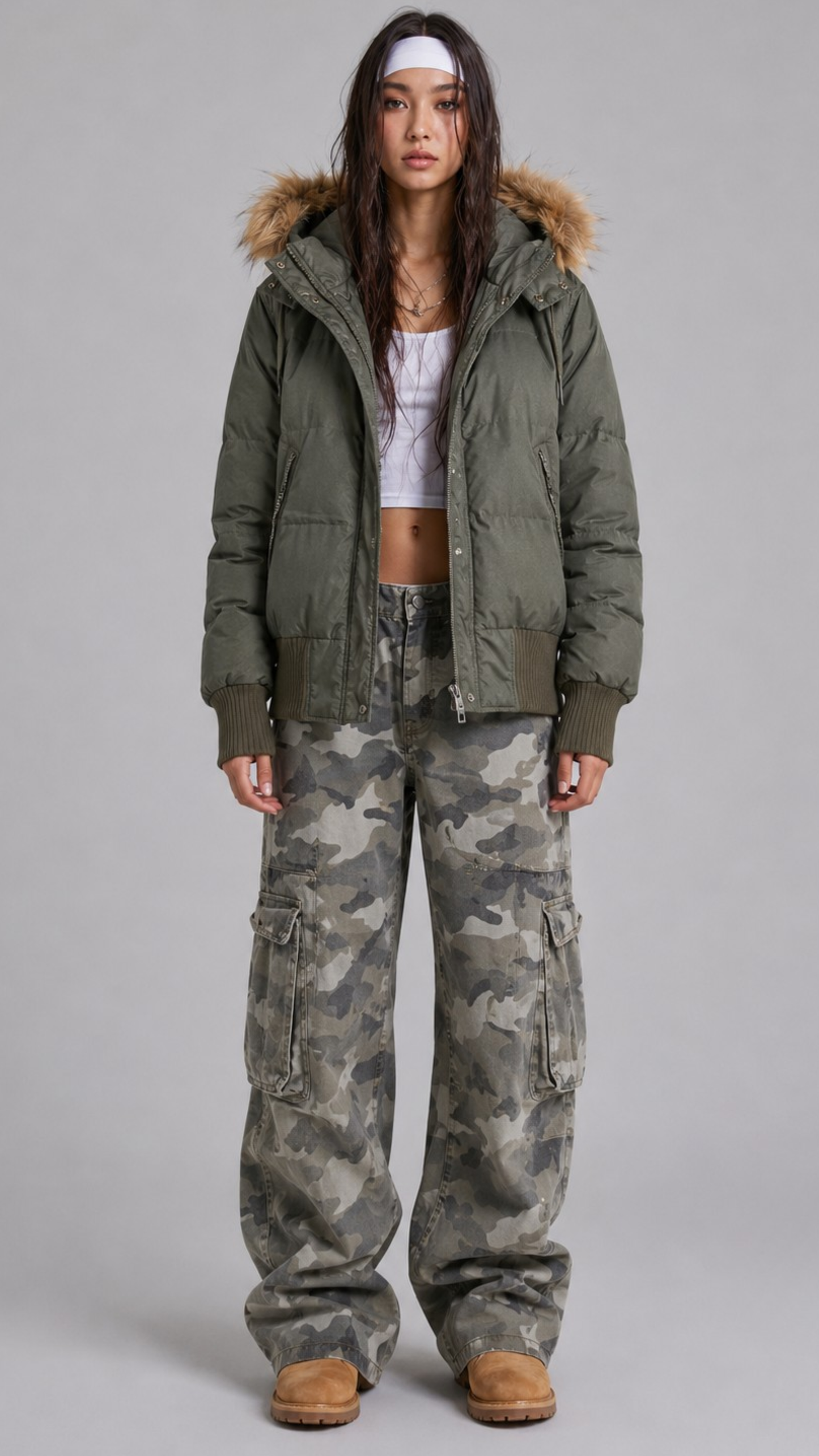 OLIVE PUFFER OVERSIZE JACKET WITH FUR