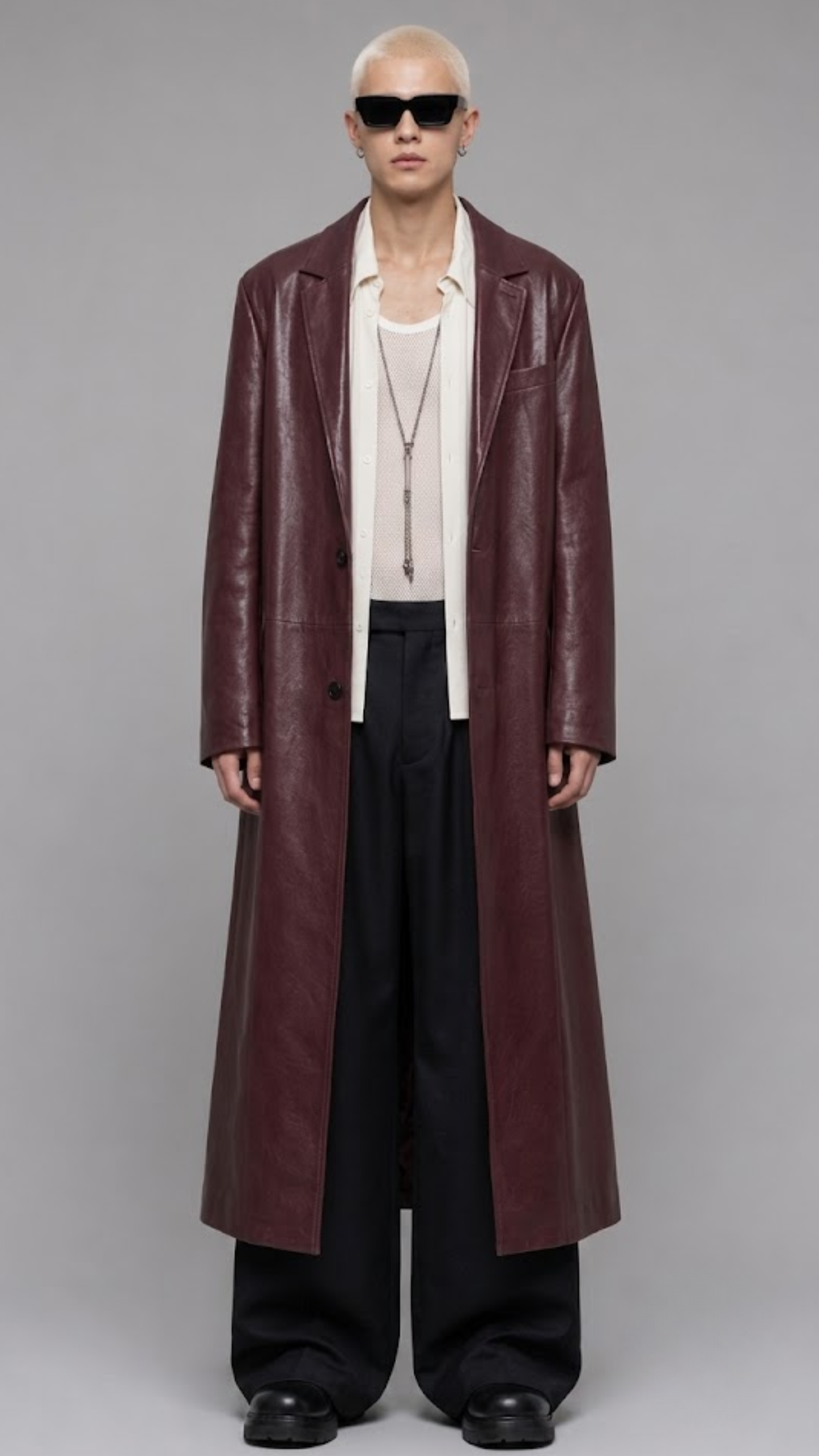 DARK RED VINE LONG LEATHER COAT