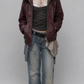 DARK RED VINE LEATHER BAGGY OVERSIZED JACKET WITH BLACK FUR