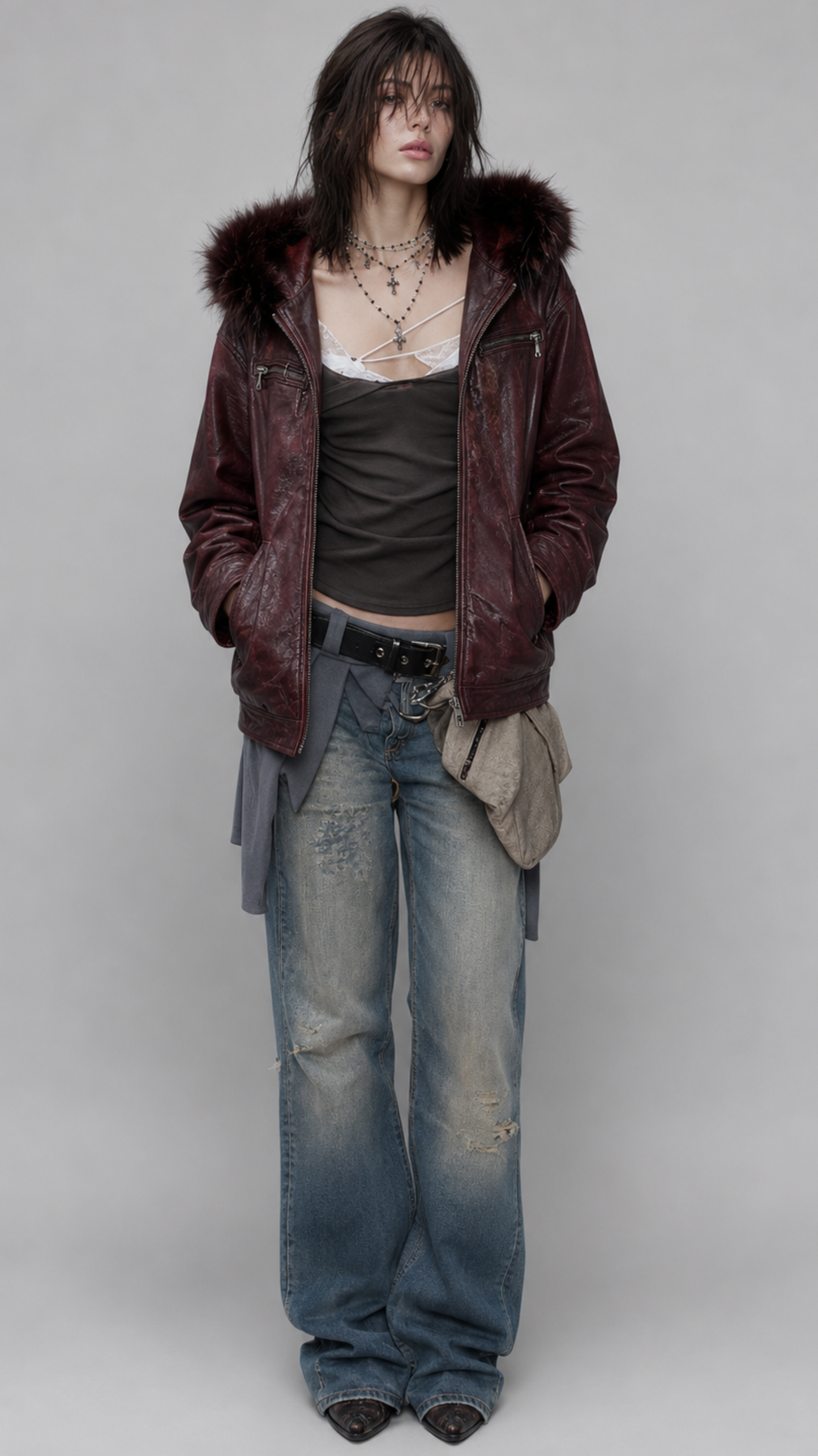 DARK RED VINE LEATHER BAGGY OVERSIZED JACKET WITH BLACK FUR