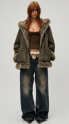 DARKEST OLIVE SUEDE BAGGY OVERSIZED VINTAGE YK2 JACKET WITH FUR