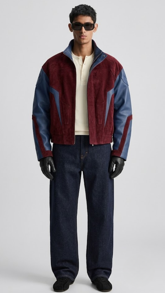 DARK RED SUEDE AND DARK BLUE LEATHER OVERSIZED JACKET