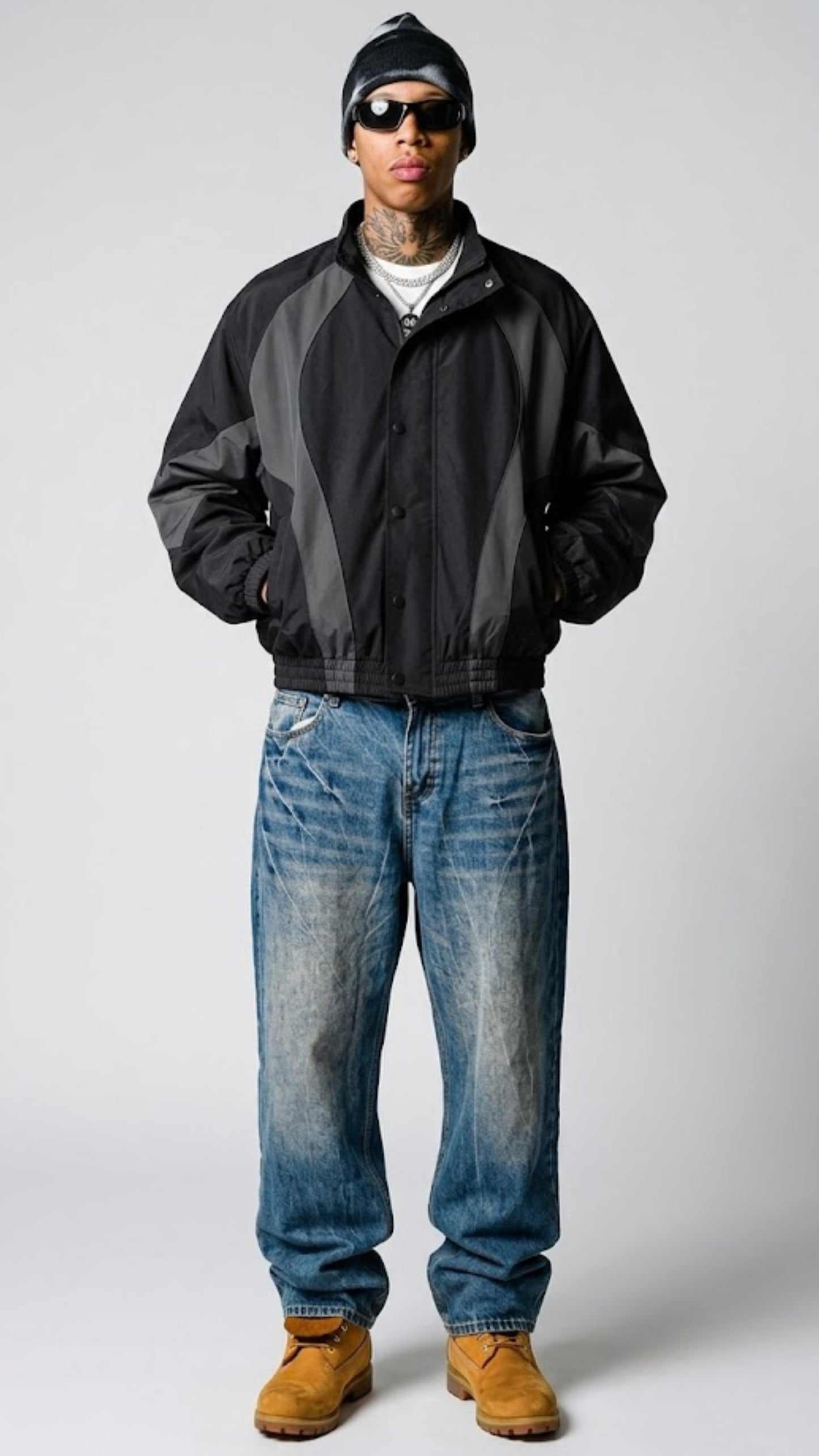 BLACK AND DARK GREY NYLON Y2K OVERSIZED JACKET