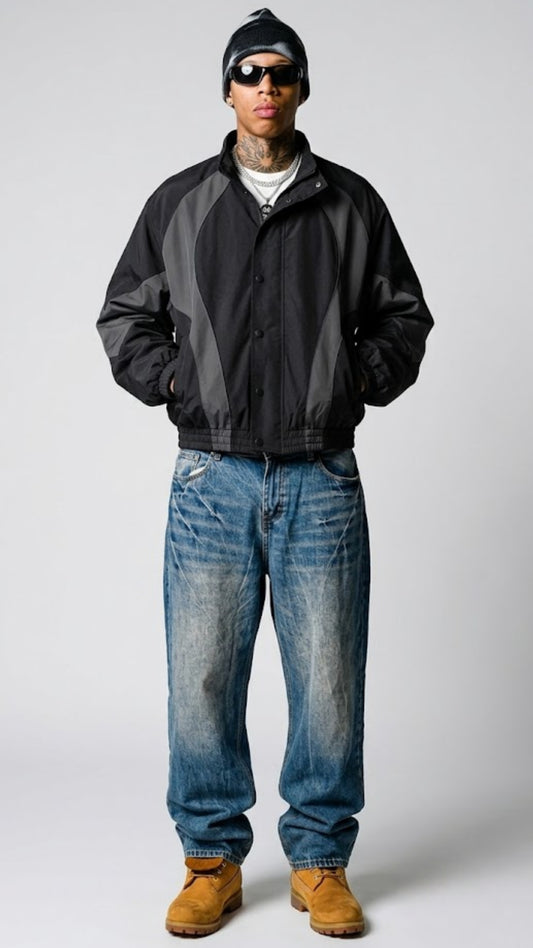 BLACK AND DARK GREY NYLON Y2K OVERSIZED JACKET
