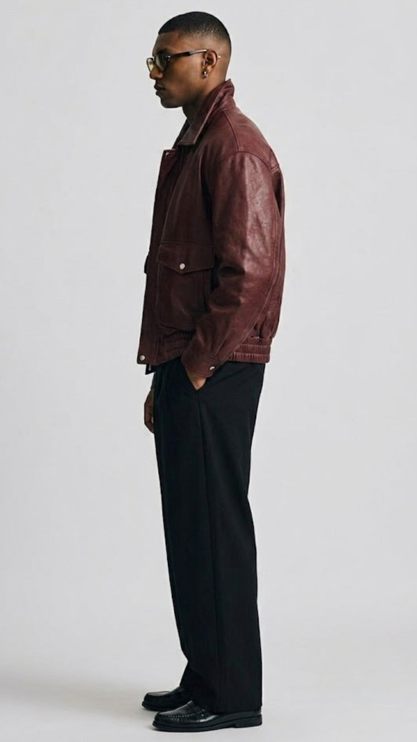 DARK RED LEATHER OVERSIZED BOMBER JACKET