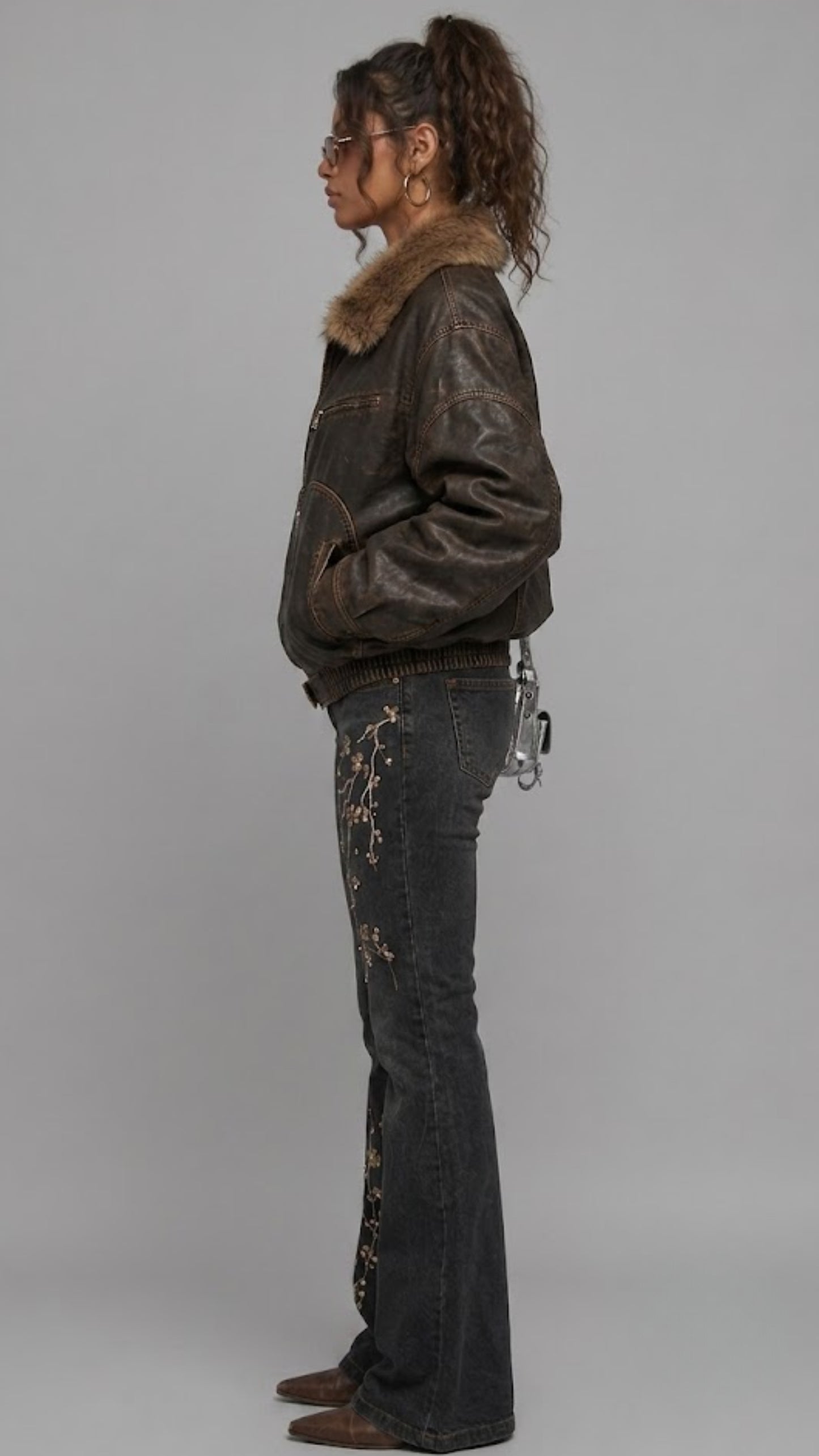 DARK BROWN DISTRESSED LEATHER BAGGY OVERSIZED JACKET WITH FUR