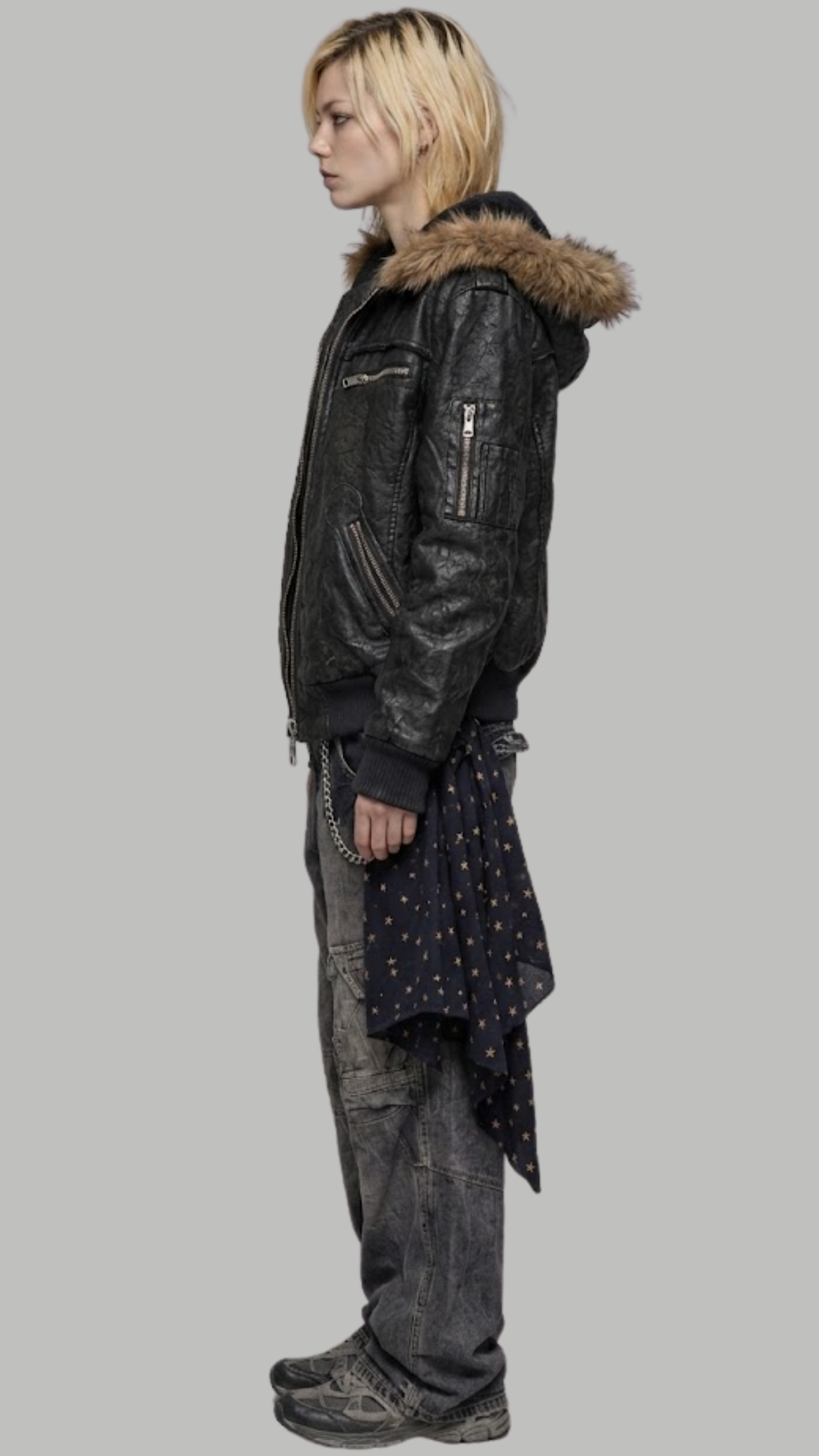 DARK BLACK LEATHER BAGGY OVERSIZED Y2K JACKET WITH BROWN FUR