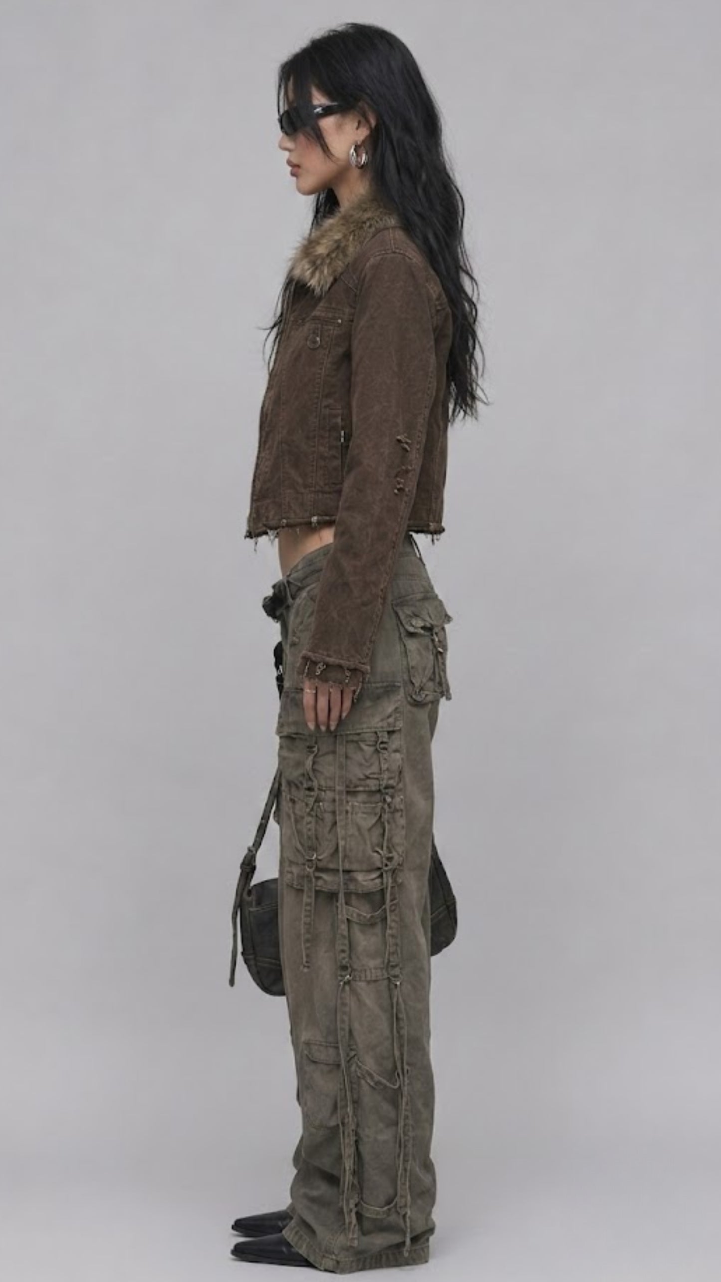 DARK KHAKI DENIM YK2 JACKET WITH FUR COLLAR