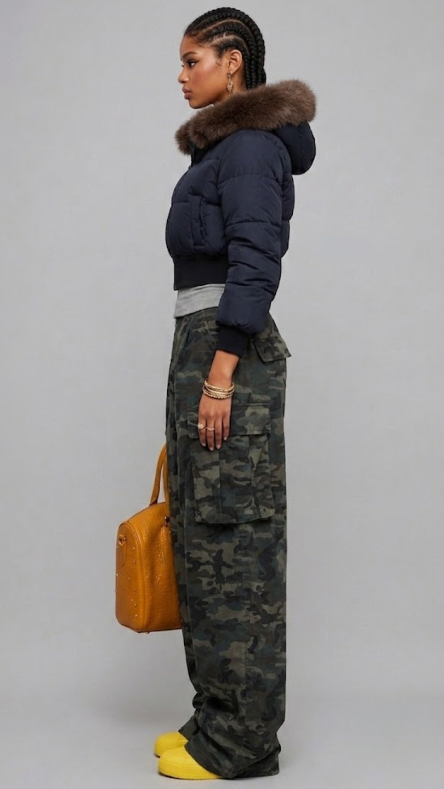 DARK NAVY PUFFER HIGH-WAIST CROPPED JACKET WITH FUR HOOD