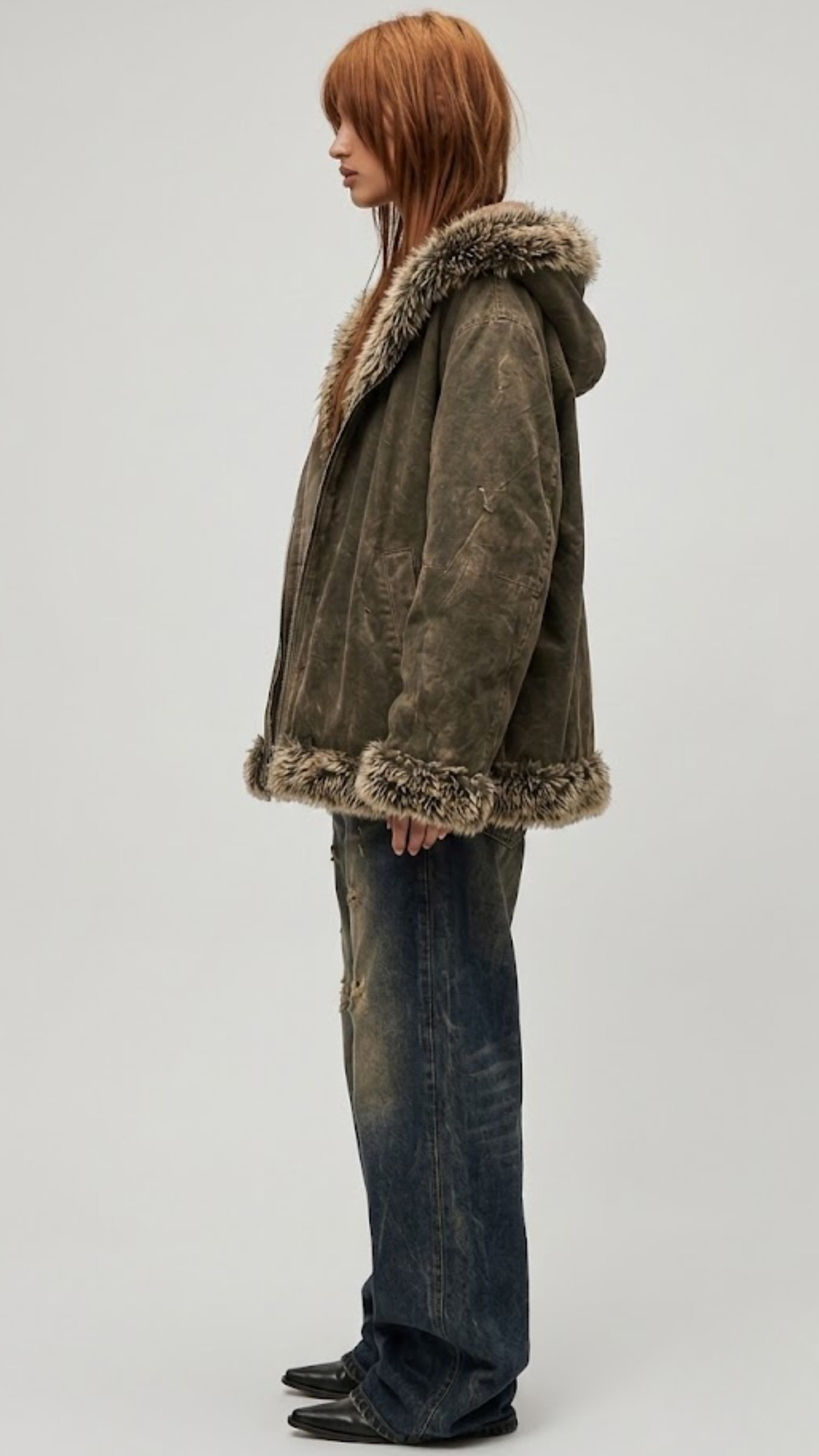 DARKEST OLIVE SUEDE BAGGY OVERSIZED VINTAGE YK2 JACKET WITH FUR