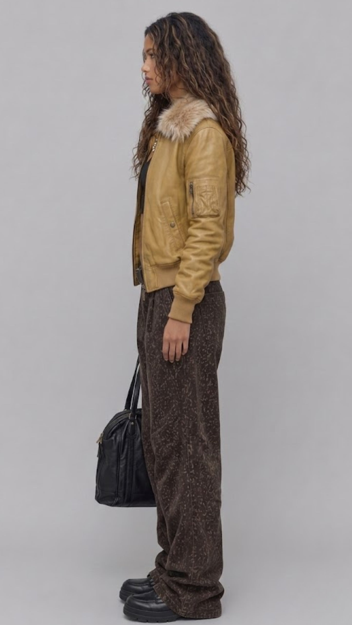 DARK MUSTARD LEATHER JACKET WITH FUR