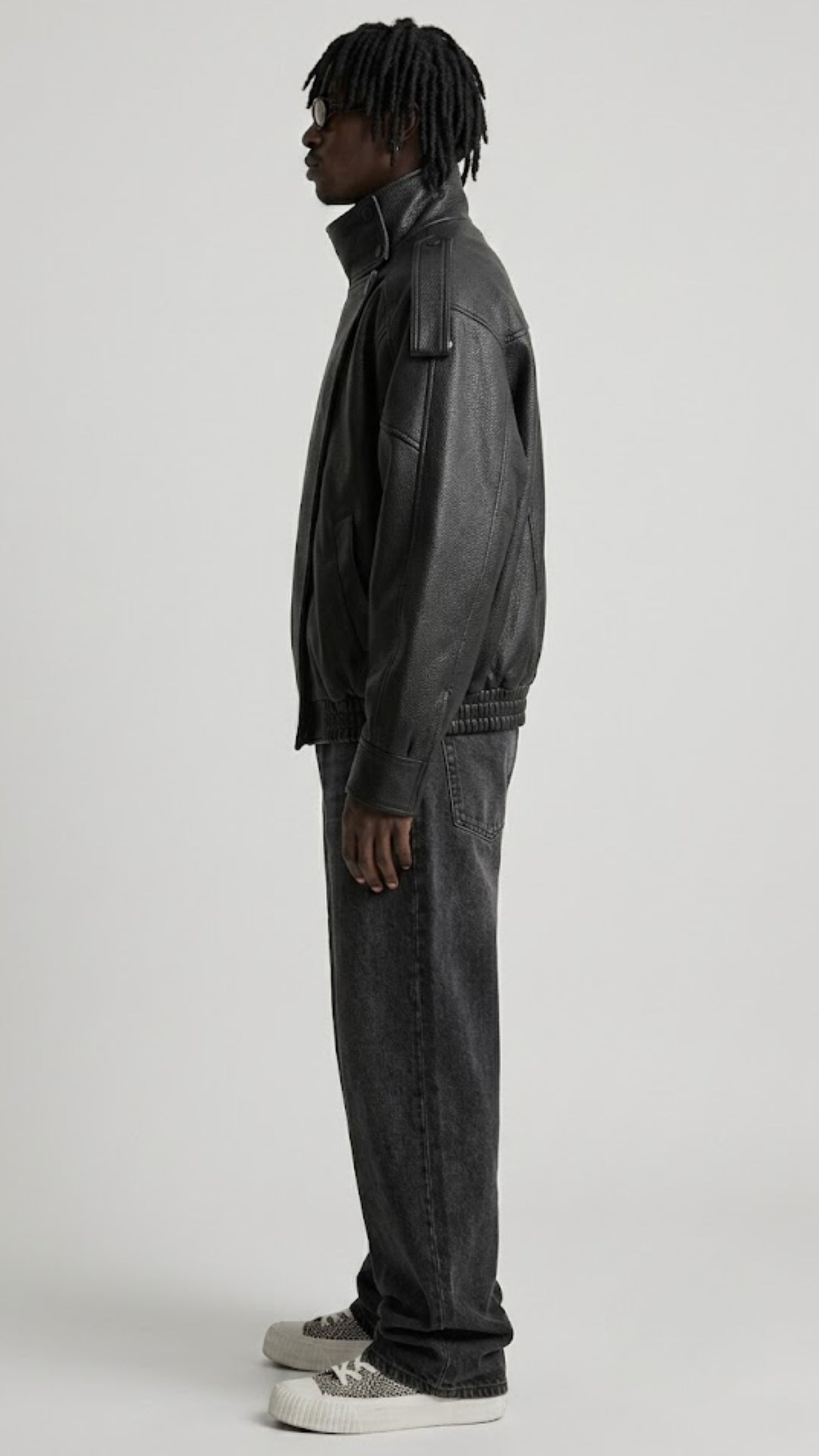 BLACK WRAP-AROUND HIGH NECK LEATHER OVERSIZED JACKET