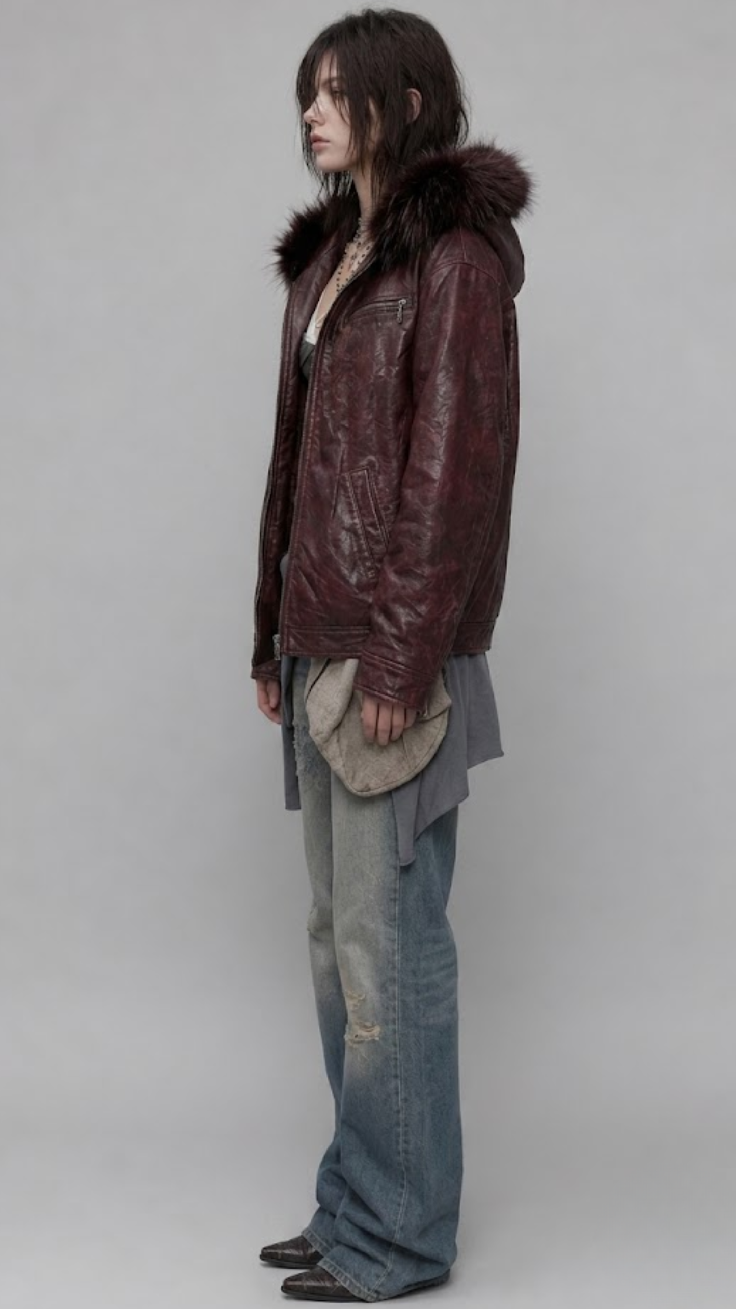 DARK RED VINE LEATHER BAGGY OVERSIZED JACKET WITH BLACK FUR