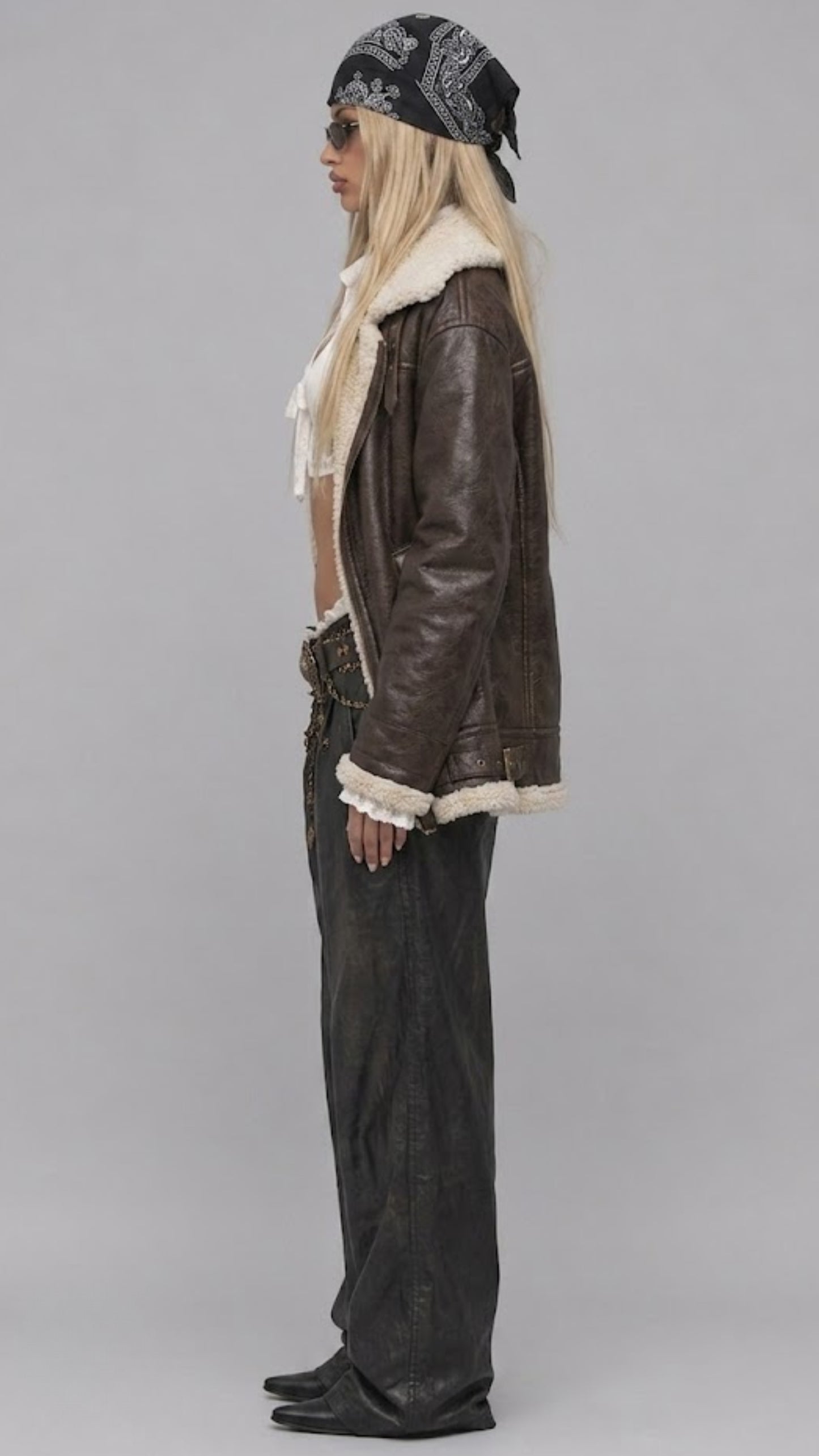 DARK CHOCOLATE BROWN LEATHER BAGGY OVERSIZED JACKET WITH SHEARLING