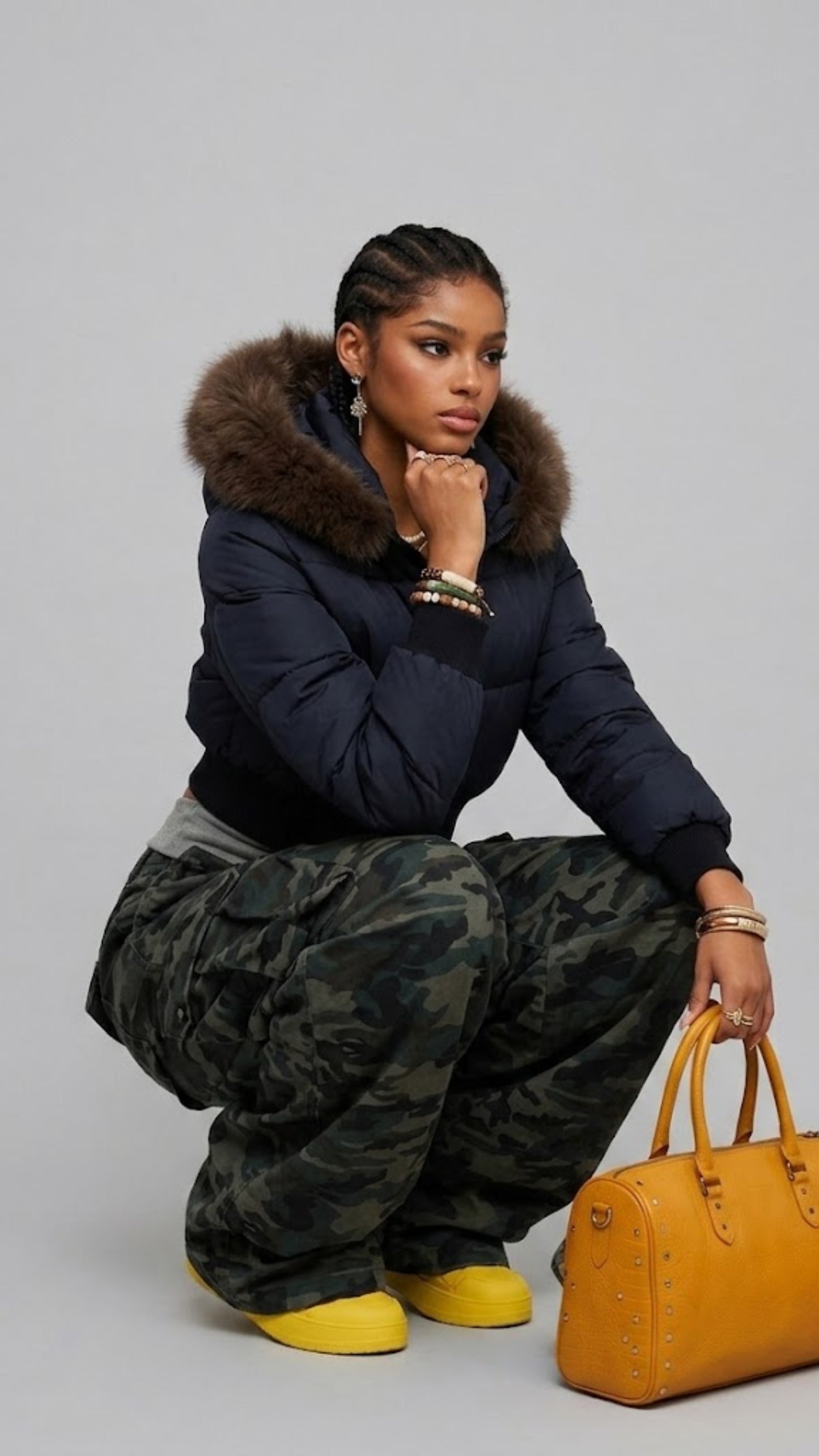 DARK NAVY PUFFER HIGH-WAIST CROPPED JACKET WITH FUR HOOD