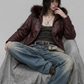 DARK RED VINE LEATHER BAGGY OVERSIZED JACKET WITH BLACK FUR