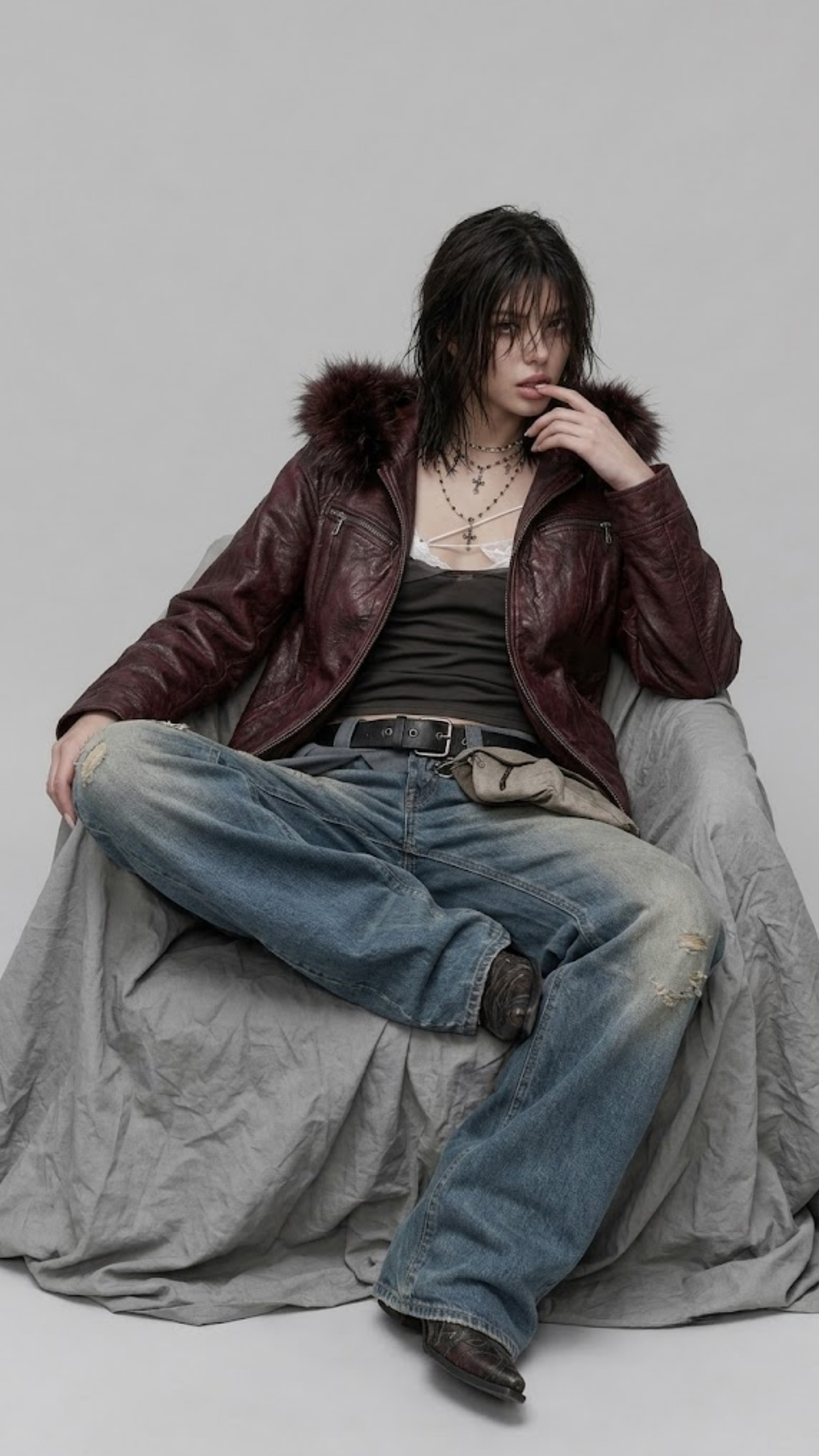 DARK RED VINE LEATHER BAGGY OVERSIZED JACKET WITH BLACK FUR