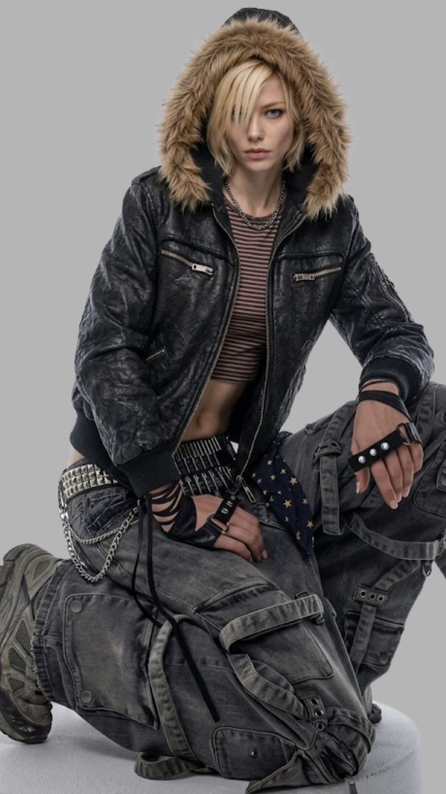 DARK BLACK LEATHER BAGGY OVERSIZED Y2K JACKET WITH BROWN FUR