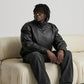 BLACK WRAP-AROUND HIGH NECK LEATHER OVERSIZED JACKET