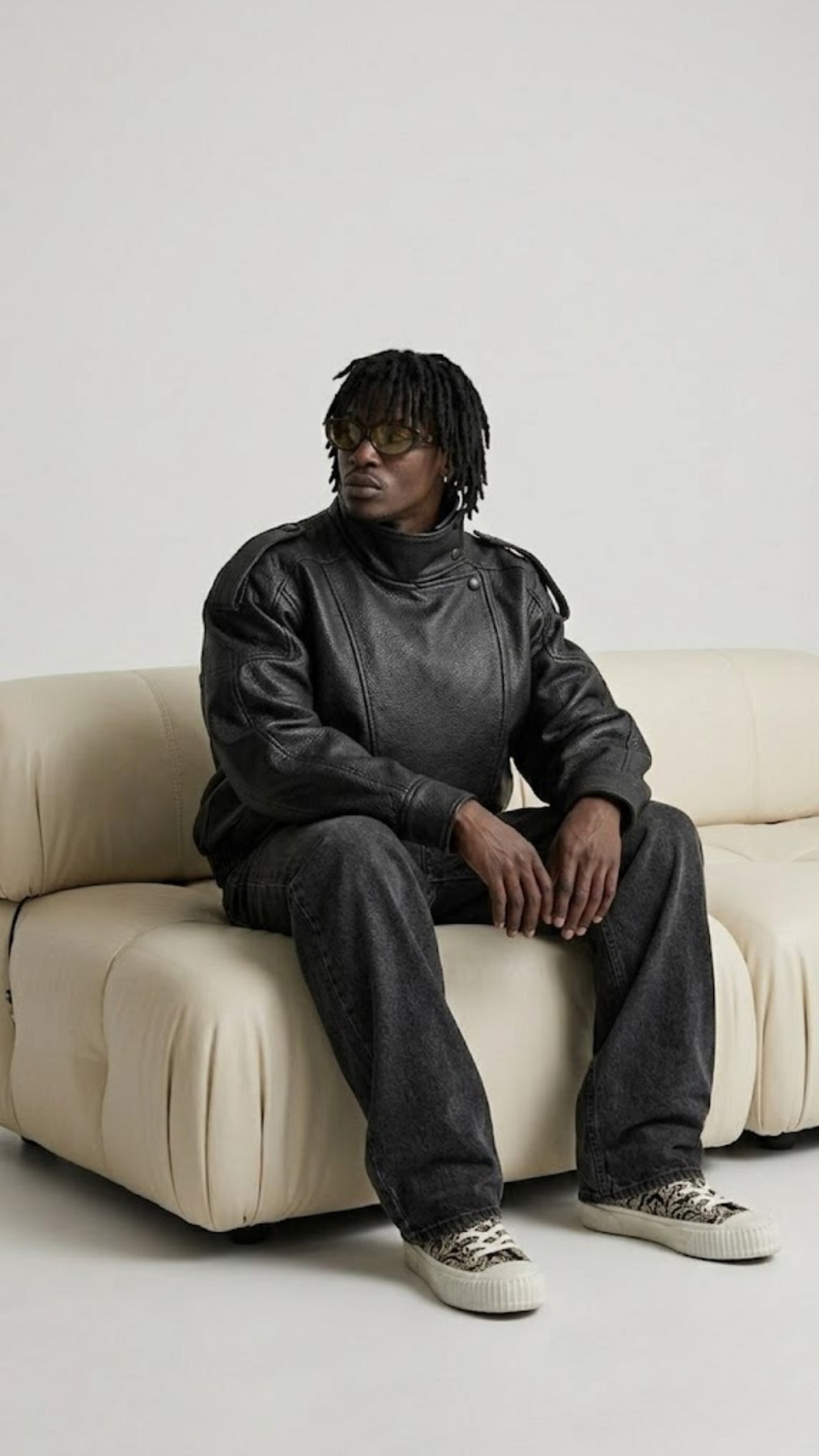BLACK WRAP-AROUND HIGH NECK LEATHER OVERSIZED JACKET