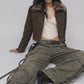 DARK KHAKI DENIM YK2 JACKET WITH FUR COLLAR
