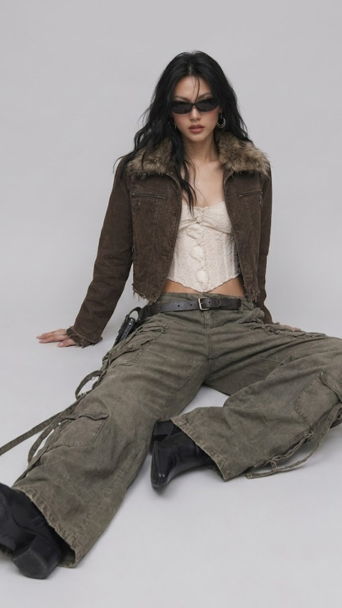 DARK KHAKI DENIM YK2 JACKET WITH FUR COLLAR