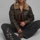 DARK BROWN DISTRESSED LEATHER BAGGY OVERSIZED JACKET WITH FUR
