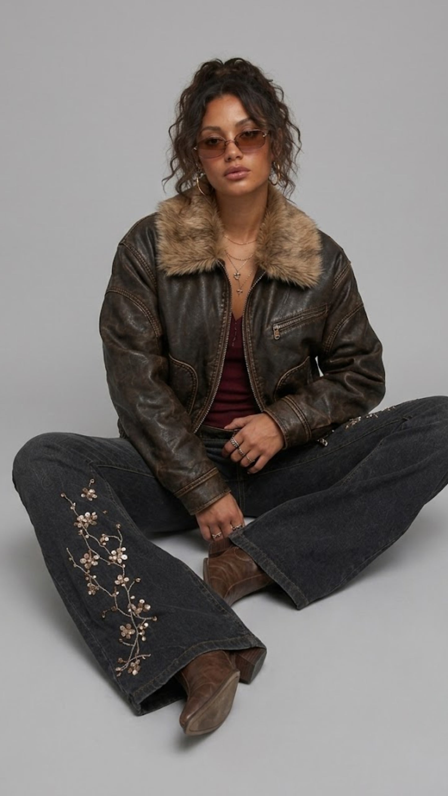 DARK BROWN DISTRESSED LEATHER BAGGY OVERSIZED JACKET WITH FUR