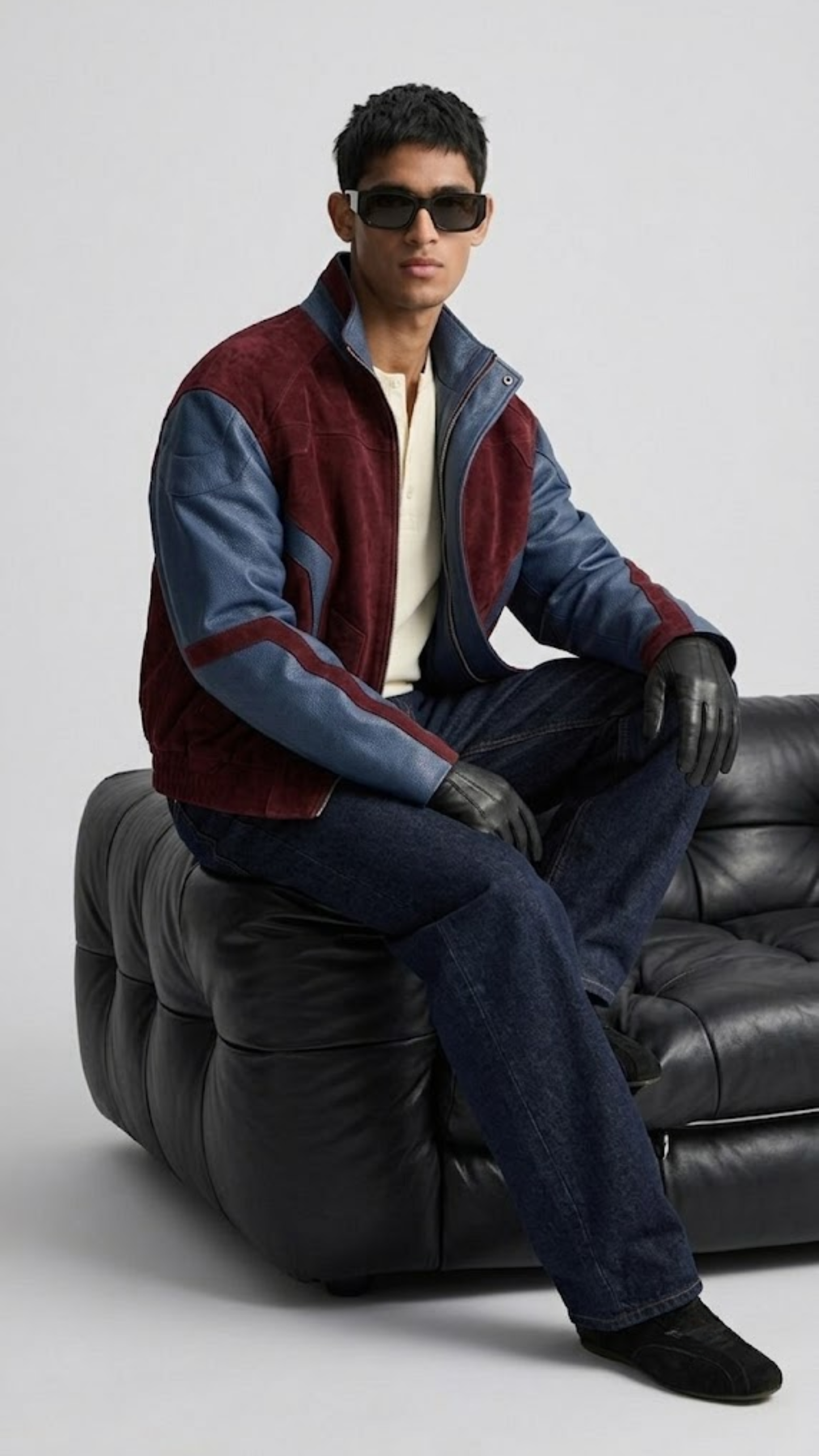DARK RED SUEDE AND DARK BLUE LEATHER OVERSIZED JACKET